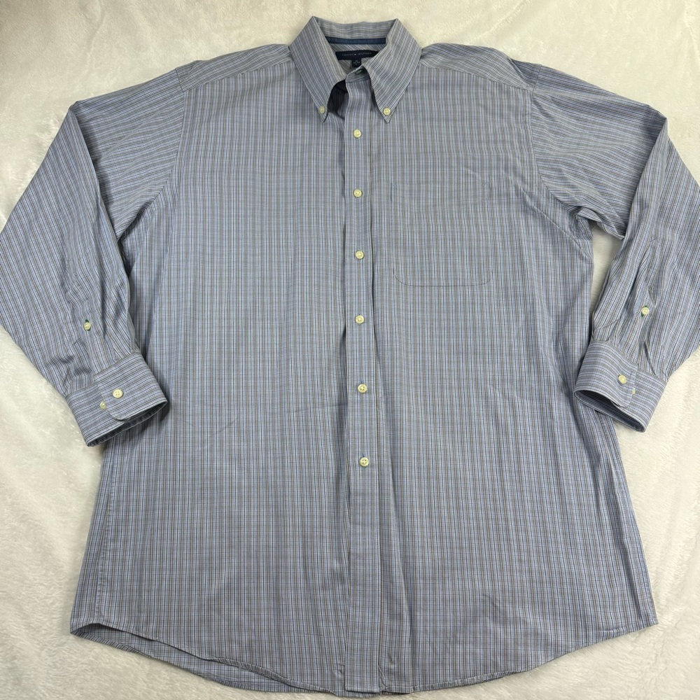 Tommy Hilfiger Mens 16 32-33 Checkered Blue Brown Pocket Dress Shirt Button Up